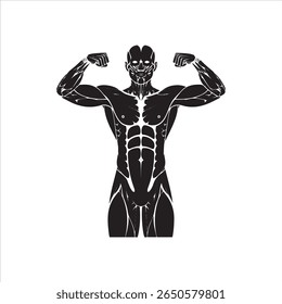 Um gráfico preto e branco de um homem mostrando músculos bem definidos e detalhes anatômicos.