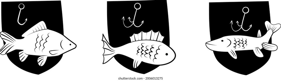 Black and white graphic minimalistic image for fishing. Fish on the background of a shield with a fishing hook