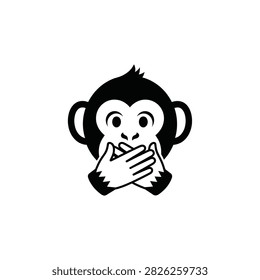 A black and white graphic of a monkey covering its mouth with its hands, symbolizing silence or secrecy.