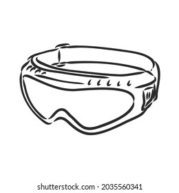 Logotipo de gafas de esquí gráfico en blanco y negro, ilustración vectorial sobre fondo blanco. Diseño del logo del esquí de montaje con esquís y postes reflejados en gafas, máscara, gafas con rayos solares