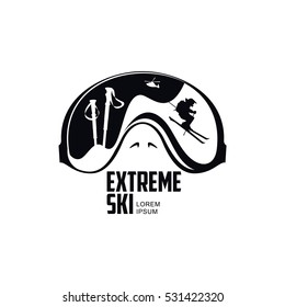 Black and white graphic mountain skiing goggles logo, vector illustration on white background. Mounting skiing logo design with skis, mountains and helicopter reflected in goggles, mask, glasses