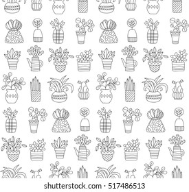 Black and white graphic natural floral flower in pot plant home plant house plant seamless vector pattern 
