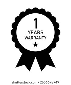 A black and white graphic of a one year warranty seal with a star and ribbon, isolated on a white background.
