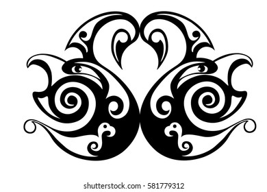 Black - white graphic pattern with the image of a stylized bird heads.