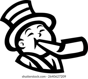 Black and white graphic of person wearing top hat and blowing party horn, stylized design often used as logo, icon, or celebration symbol.