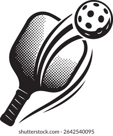 A black and white graphic of a pickleball paddle hitting a pickleball with motion lines indicating speed.