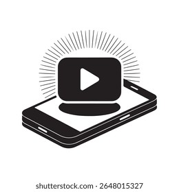 Black and white graphic of a play button icon on a smartphone screen with radiating lines.