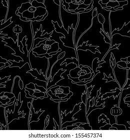 Black and white graphic poppy flowers seamless pattern, vector