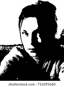 Black and white graphic portrait of a serious young woman. 