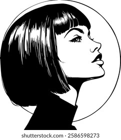 Black and white graphic portrait of a young woman with short hair in profile. portrait of a woman in profile. The illustration is in a minimalist style, ideal for prints, logos and decoration.