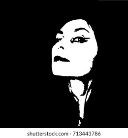 Black And White Graphic Portrait Of A Young Woman In The Dark. Pantomime Theater Poster Style.