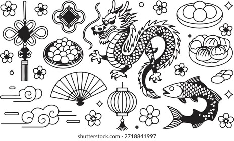 El gráfico en blanco y negro presenta una representación artística lineal de un dragón asiático rodeado de peces, decoraciones de año nuevo lunar y flores, todo contra un telón de fondo transparente.