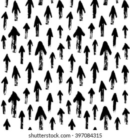 Black and white graphic print. Seamless pattern from upward painted arrows, vector. Grunge design. Business development concept background, distress texture. For wallpaper, website template, fabric.