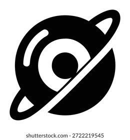 Representación gráfica en blanco y negro de un planeta anillado con un Pequeño cuerpo celeste en órbita.