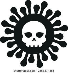 Black and white graphic representation of a virus with a skull symbol in the center, resembling the shape of the coronavirus, indicating mortal danger.