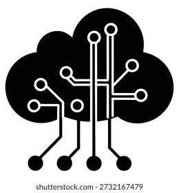 Gráfico en blanco y negro que representa la computación en la nube con Elementos de placa de circuitos integrados, que simboliza la conectividad digital.
