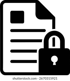 Um gráfico em preto e branco representando um documento protegido por um cadeado, destacando a importância da proteção de dados e da privacidade na era digital.
