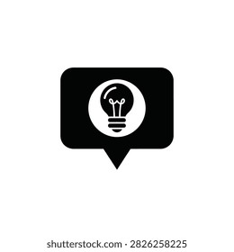A black and white graphic representing an idea or thought within a speech bubble icon.