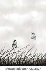 Black and white graphic scenery with two butterflies (other landscapes are in my gallery)