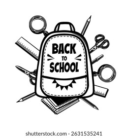 Black and white graphic of a school backpack with Back to School lettering and surrounded by stationery. Perfect for educational, promotional or design projects.