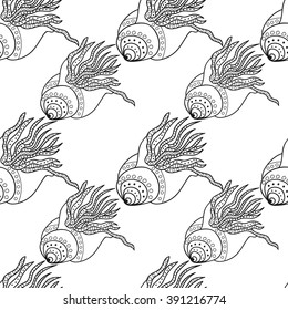 Black and white graphic sea shells. Isolated objects on white background. Doodle style. Zentangle. Coloring book page. Joy to adult colorists, who like art, relax and meditation. Seamless pattern