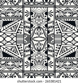 Black and white graphic seamless pattern. Hand drawn ethnic tribal ornament. Vector geometric background 