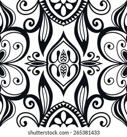 Black and white graphic seamless pattern. Hand drawn ethnic tribal ornament. Vector geometric background 