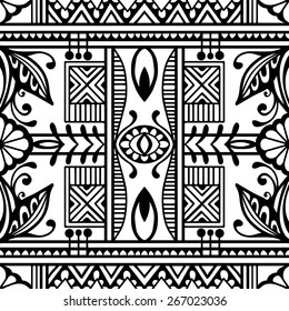Black and white graphic seamless pattern. Hand drawn ethnic tribal ornament. Vector geometric background