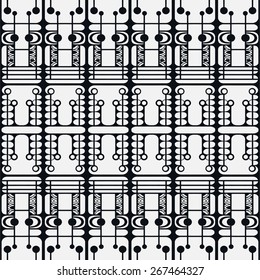 Black and white graphic seamless pattern. Hand drawn ethnic tribal ornament. Vector geometric background