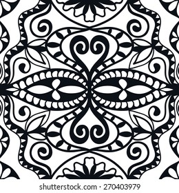 Black and white graphic seamless pattern. Hand drawn ethnic tribal ornament, lace fabric texture. Vector geometric background