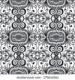 Black and white graphic seamless pattern. Hand drawn ethnic tribal ornament. Vector geometric background