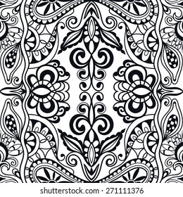 Black and white graphic seamless pattern. Hand drawn ethnic tribal ornament. Vector geometric background