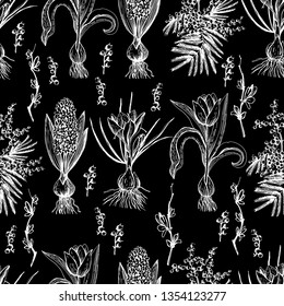 
Black white graphic seamless with spring plants. Spring flowers. Tulip, crocus, mimosa, hyacinth. Endless ornament for a variety of decorative surfaces. Vintage motive. Black background.