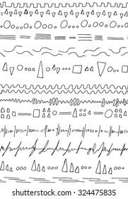 Black and white graphic seamless vector pattern with line design elements, hand drawn decorative borders