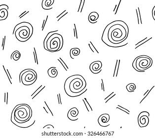 Black and white graphic seamless vector pattern with line design elements: spirals (stylized swirls of blizzard) and lines (stylized ice)