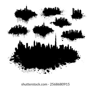 Black and white graphic set drawing city and blots. hand drawing. Not AI. Vector illustration
