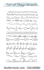 Black and white graphic set of vector line design elements, hand drawn decorative borders