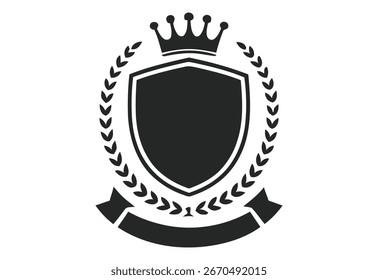 Gráfico en blanco y negro de un escudo con una corona y una corona de laurel, que simbolizan el poder, el prestigio y la victoria.