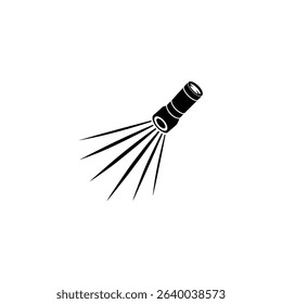 A black and white graphic showcases a flashlight silhouette emitting light beams, symbolizing illumination, emergency preparedness, and outdoor activities. Simple illustration on a white background.