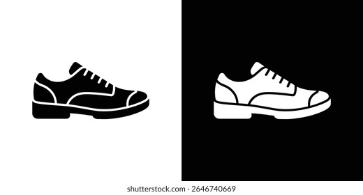 Preto e branco gráfico mostrando sapatos de folga. Um sapato é preto sobre um fundo branco, e o outro sapato é branco sobre um fundo preto. Vista lateral ilustrada.