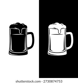 Gráfico preto e branco mostrando duas canecas cheias de um líquido espumoso, lado a lado.