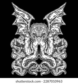 black and white graphic showing Cthulhu in green with purplish-pink tentacles and spikes on his head, his wings have many lacerations. A human-like monster, octopus head, long thin wings on its back.
