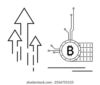 Black and white graphic showing rising arrows beside a Bitcoin symbol connected to a semiconductor-style circuit board. Ideal for cryptocurrency, finance, technology, investment, blockchain themes