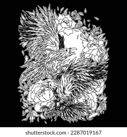 Black and white graphic showing two crows fighting against a beautiful red flower background. Crows are synonymous with death because they behave strangely around their dead species.