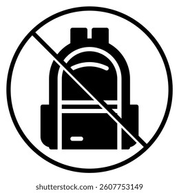 A black and white graphic shows a backpack with a diagonal line through it, inside a circle, indicating prohibition. This icon is perfect for informational signage and design projects.