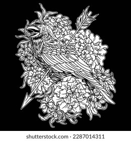 The black and white graphic shows a crow bearing an arrow on its back extending to its chest, and against a beautiful purple flower background. crows will bring disaster to the owner of the house.