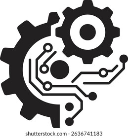A black and white graphic shows a gear intertwined with circuit board lines, symbolizing the seamless integration of technology and engineering.