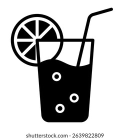 A black and white graphic shows lemonade in a glass with a straw, lemon slice, and bubbles, suitable for use in menus.