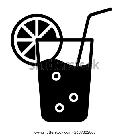 A black and white graphic shows lemonade in a glass with a straw, lemon slice, and bubbles, suitable for use in menus.