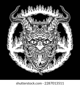 The black and white graphic shows a very scary Satan with his tongue sticking out, and having horns plus a pentagram in the background. The pentagram is a symbol in the shape of a five-pointed star.